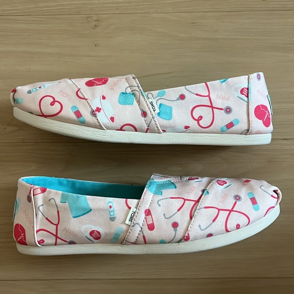TOMS ALPARGATA WOMENS NURSE APPREY PINK CANVAS SLIP ON LOAFER FLATS SHOE SIZE 8